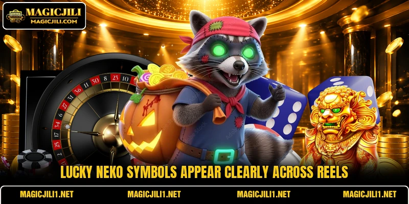 Lucky Neko symbols appear clearly across reels Lucky Neko symbols appear clearly across reels