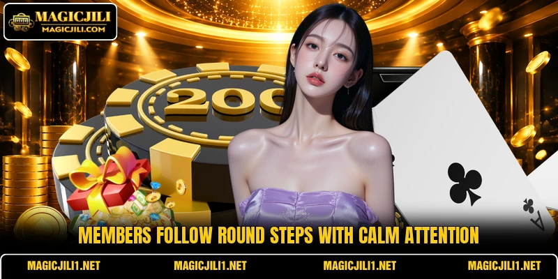 Members follow round steps with calm attention Members follow round steps with calm attention